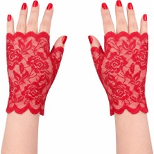 Aylina Mey Ithalat® Kırmızı Dantel Parmaksız Kısa Eldiven