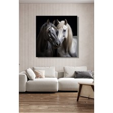 Şehber Kare Tekli Kanvas Duvar Tablosu Modern Salon Mutfak Yatak Odası Ofis Siyah Beyaz Atların Portresi