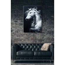 Şehber Dikey Tekli Kanvas Duvar Tablosu Modern Salon Mutfak Yatak Odası Ofis Beyaz At Temalı
