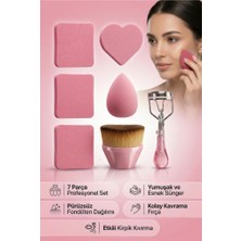 MUJGAN 7 Parça Profesyonel Makyaj Seti - Kirpik Kıvırıcı, Fırça ve Sünger Pembe Renk