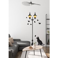 Ettycat Design Vintage Sokak Lambası Kelebek ve Kedi Duvar Sticker | Mat Pvc, Sökülebilir, Dekoratif Duvar Süsü