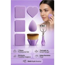 MUJGAN 7 Parça Profesyonel Makyaj Seti - Kirpik Kıvırıcı, Fırça ve Sünger Mor Renk