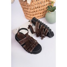 Sy Leather Rayn Model Hakiki Deri Püsküllü Içi Fuspetli Saraç Örgülü Bilekten Bağlama Kadın Sandalet