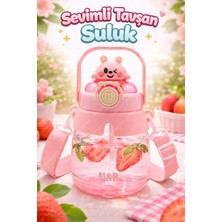 M&B Water Bottle Sevimli Tavşan Figürlü Matara 750 ml - Pipetli Çocuk Suluk, Okul Için Boyun Askılı Suluk