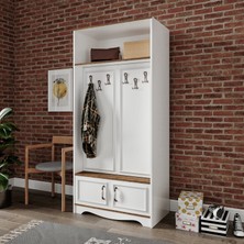 Kznmob Home Stella 4 Kapaklı 6 Askılı 5 Bölmeli Country Vestiyer, Portmanto Beyaz-Ceviz- Tamamı Mdf