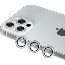 Yapax iPhone 12 Pro Uyumlu Taşlı Çerçeveli Kamera Gümüş Lens Koruyucu