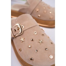 Sy Leather Aura Model Hakiki Deri Çakma Trop Detaylı Tokalı Kalın Taban Kadın Terlik