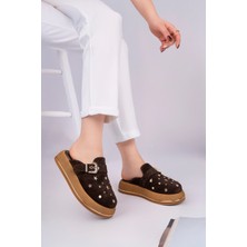 Sy Leather Aura Model Hakiki Deri Çakma Trop Detaylı Tokalı Kalın Taban Kadın Terlik