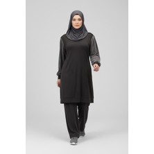 Ece Giyim Kadın Kol Dijital Desenli Tunik Altı Bantlı Pantolon Beli Lastikli Büyük Beden Ipek Cupra Takım