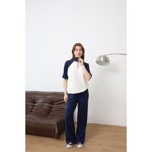 Qimya Butik Şans Life Kadın Dik Yaka Fermuarlı Bluz ve Pantololu Alt Üst Ikili Takım