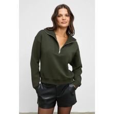 Grimelange ENDORA Kadın Yumuşak Polarlı Kumaşlı Yakası Fermuarlı Regular Haki Sweatshirt