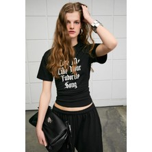 Grimelange LAVINYA Kadın Yumuşak Kumaşlı %100 Pamuk Baskı Detaylı Siyah T-Shirt