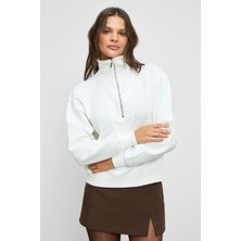 Grimelange ENDORA Kadın Yumuşak Polarlı Kumaşlı Yakası Fermuarlı Regular Ekru Sweatshirt