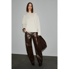 Grimelange LIORE Kadın Organik Pamuklu Yuvarlak Yaka Çift Katlı Oversıze Taş Rengi T-Shirt