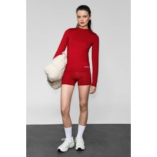 Urban Beat COREX Kadın Yuvarlak Yakalı Baskı Detaylı Slim Fit Uzun Kollu Spor Kırmızı T-Shirt