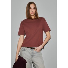 Grimelange COLENA Kadın Organik Pamuklu Bisiklet Yaka Oversize Fit Kısa Kollu Kiremit Rengi T-Shirt