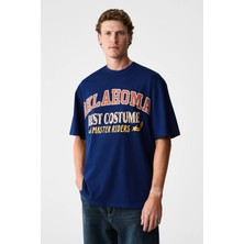 Grimelange RUDDY Erkek Göğüs Baskılı %100 Organik Pamuklu Bisiklet Yakalı Regular Lacivert T-Shirt