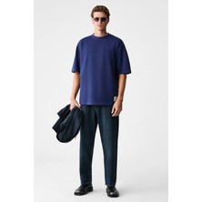 Grimelange JOEL Erkek %100 Organik Pamuklu Kalın Kumaşlı Özel Dokulu Etiket Detaylı Oversize Lacivert T-Shirt
