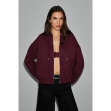 Grimelange VYSELLE Kadın Önü Kesikli Metal Fermuarlı Kapüşonlu Etiket Detaylı Oversize Bordo Sweatshirt
