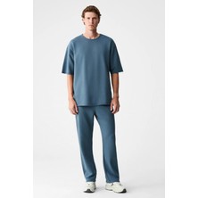 Grimelange EASY Erkek Pamuklu Bisiklet Yaka Beli Lastikli Kordonlu Çift Cepli Regular Petrol Mavisi Alt-Üst Tak