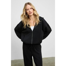 Grimelange AMOURA Kadın Yumuşak Ve Esnek Kumaşlı Kapüşonlu Fermuarlı Uzun Kollu Siyah Sweatshirt