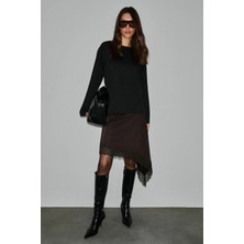 Grimelange NEAT Kadın Organik Pamuklu Bisiklet Yaka Oversize Fit Uzun Kollu Siyah T-Shirt