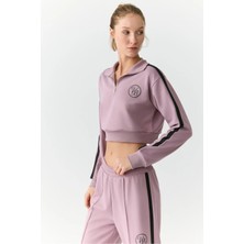Urban Beat HELENA Kadın Dik Yakalı Fermuarlı Küçük Baskı Motifli Crop Gül Kurusu Sweatshirt