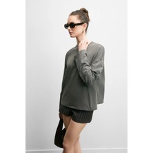 Grimelange STONRET Kadın Yumuşak Kumaşlı %100 Pamuk Taş Detaylı Uzun Kol Antrasit T-Shirt