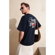 Grimelange DUKI Erkek Oversize Lacivert T-Shirt  Pamuklu Bisiklet Yaka Kısa Kol Günlük Stil