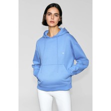 Urban Beat JINGSO Kadın Polarlı Yumuşak Kapüşonlu Kanguru Cepli Baskı Detaylı Mavi Sweatshirt