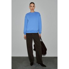 Grimelange VANELTINA Kadın Organik Pamuklu Yumuşacık İçi Polarlı Yuvarlak yakalı Mavi Sweatshirt