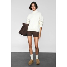 Urban Beat XENYA Kadın Polarlı Yumuşak Balıkçı Yakalı Baskı Detaylı Cepli Regular Ekru Sweatshirt