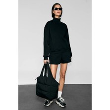 Urban Beat XENYA Kadın Polarlı Yumuşak Balıkçı Yakalı Baskı Detaylı Cepli Regular Siyah Sweatshirt