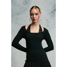 Grimelange FRIGLINTO Kadın Yumuşak Ve Esnek Kumaşlı Askılı Dantel Detaylı Slim Fit Siyah Bluz