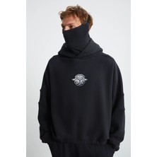 Grimelange Alfıan Erkek Maskeli Içi Polarlı Yumuşacık Nakış Detaylı Comfort Organik Pamuk Siyah Sweatshirt