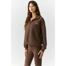 Urban Beat Emıya Kadın Dik Yaka Fermuarlı Relaxed Kahverengi Sweatshirt