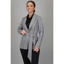 Sweetness Kadın Gri Diyagonal Desenli  Kemerli Astarsız Ceket