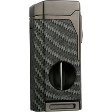 Quantoro Dört Torch Pürmüz V-Kesici/delicili Siyah Karbon Desenli Metal Puro Çakmağı