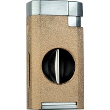 Quantoro Çift Torch Pürmüz V-Cut Kesicili Taba-Gümüş Metal Puro Çakmağı