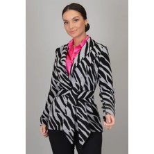 Sweetness Kadın Siyah Gri Zebra Desenli Kemerli Astarsız Ceket