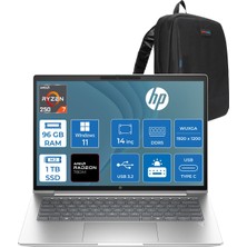 Hp Probook 4 G1A 14 Amd Ryzen™ 7 250 96GB Ddr5 1tb SSD 14" Inch Amd Radeon™ 780M Wuxga (1920X1200) IPS 300NITS WIN11PRO Taşınabilir Bilgisayar D36KHETP33+ZETTAÇANTA