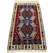 Burak Halı El Dokuma Sıfır Yahyalı Kilim 100X165 Kırmızı Mavi %100 Yün Kök Boya Mavi
