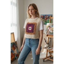 Tokuşka El Örgüsü Motifli Çift Taraflı Giyilebilir Kadın Süveter