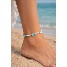 Genel Bohem Nazar Boncuklu Halhal Inci Boncuklu Esnek Lastikli 20 cm Kadın Ayak Bilekliği