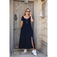 Deridün Yıldız Shoes Kadın Kısa Kollu Yuvarlak Yaka Önden Yırtmaçlı Cepli Viskon Uzun Elbise