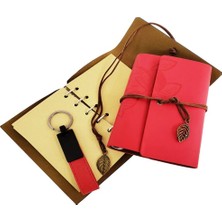 Moresun Buğz Özel Ahşap Kutulu Kırmızı Deri Defter ve Anahtarlık Seti