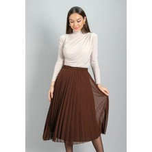 Sweetness Kadın Kahverengi Midi Boy Astarlı Pilise Etek