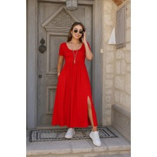 Drgy Kadın Kısa Kollu Yuvarlak Yaka Önden Yırtmaçlı Cepli Viskon Uzun Elbise