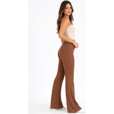 Moda Loris Fitilli Kaşkorse Ispanyol Paça Tayt Yüksek Bel Esnek Günlük Rahat Pantolon - Kahverengi