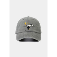 Külah Penguen Nakışlı Gri Unisex Baseball Cap – Yıkamalı Vintage Stil
